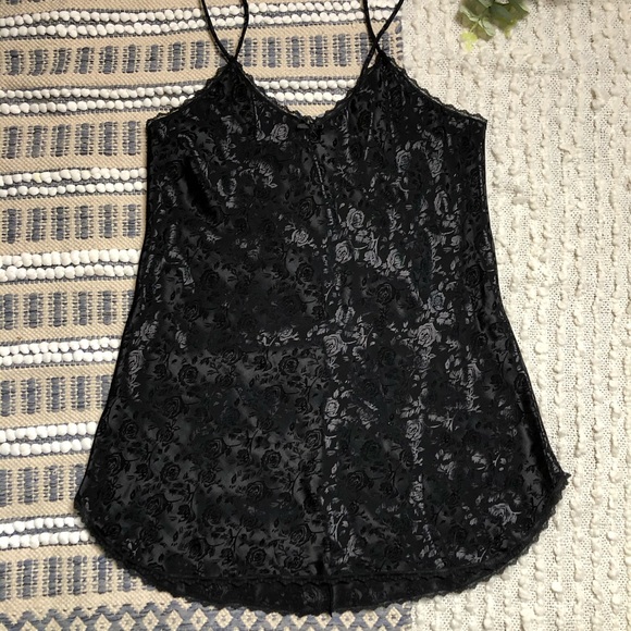 Vintage Black Rose Print Satin Slip w/ Lace Trim Sz L - Picture 3 of 16